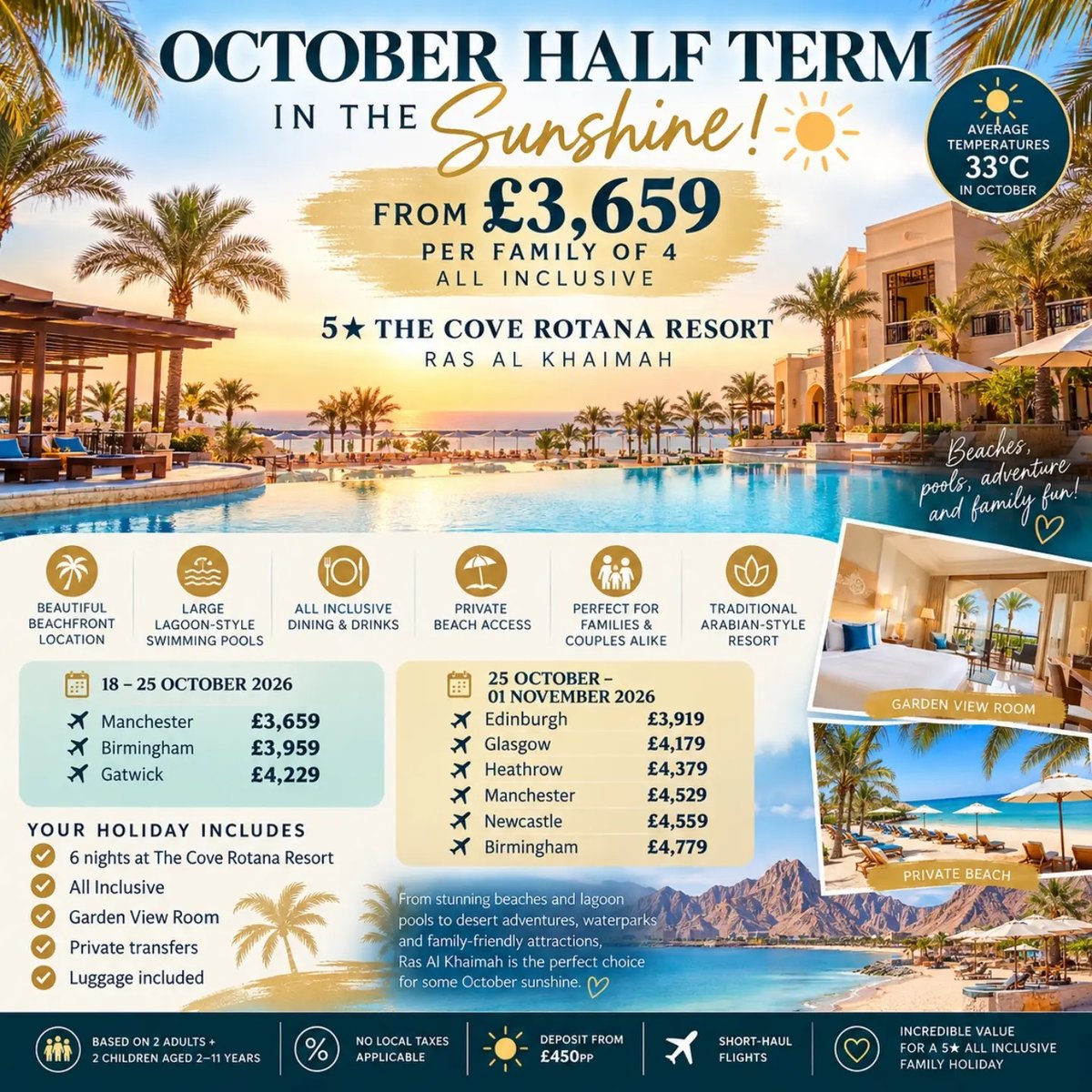 Kimgtx51's tweet photo. October half-term sunshine in Ras Al Khaimah from £3, 659 per family of 4. Enjoy 6 nights all-inclusive at The Cove Rotana Resort with flights, luggage, private transfers, lagoon pools and private beach access. Departures from 18 October 2026. https://t.co/qjUqh1vTDa