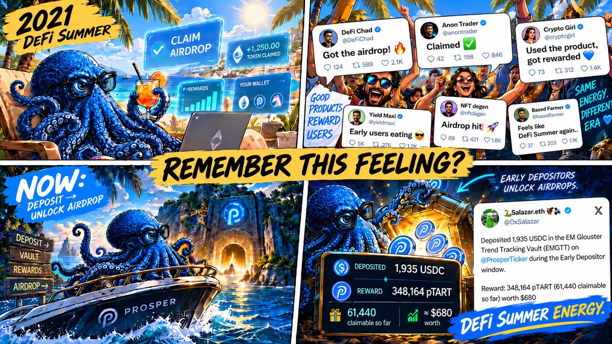 ProsperDesk's tweet photo. Remember DeFi Summer? ☀️
Back when everyone was posting their airdrop receipts and early users were winning?
It’s happening again. 👀
First p{VAULT} airdrops are unlocking on Prosper. The receipts are rolling in.
2021 vibes. 2026 edition. 🔥 https://t.co/phPrctaRj9