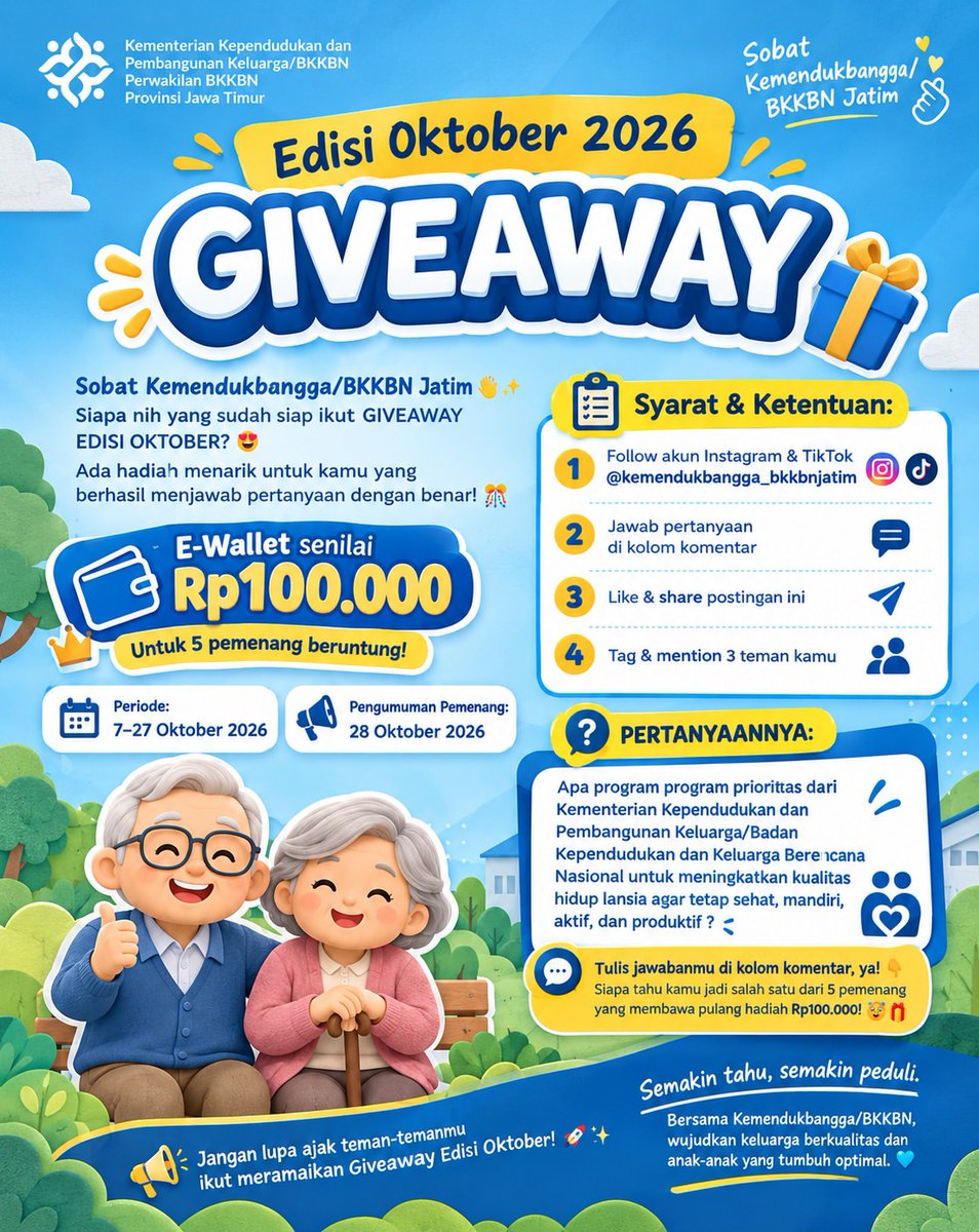 bkkbnjawatimur's tweet photo. (1) GIVEAWAY EDISI OKTOBER 2026🎁

Sobat Kemendukbangga/BKKBN Jawa Timur🫰✨
Siapa nih yang sudah siap ikut GIVEAWAY EDISI OKTOBER?😍

Ada hadiah menarik untuk kamu yang berhasil menjawab pertanyaan dengan benar!🎊

💳E-Wallet senilai Rp100.000
🎁Untuk 5 pemenang beruntung! https://t.co/KUVY2D05U1