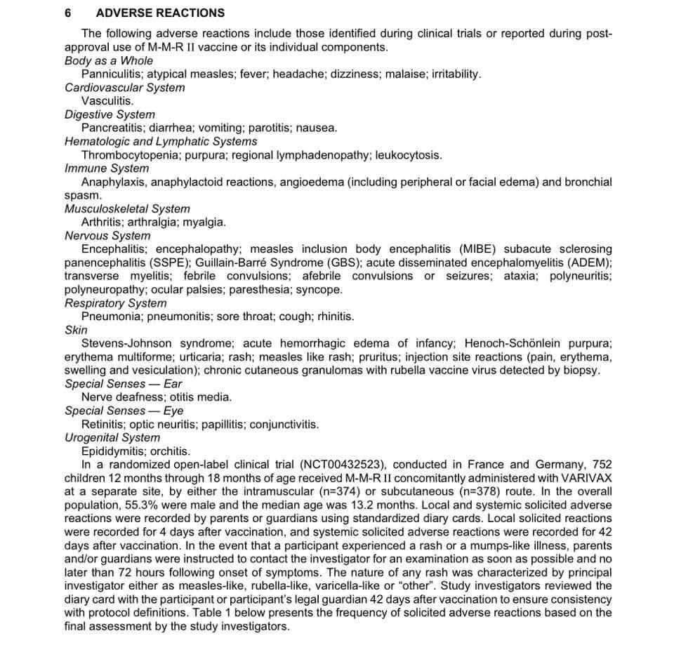 toobaffled's tweet photo. If you want the MMR, this is the insert that comes in the box. 

Section 6. Encephalitis. Guillain-Barré. Seizures. Thrombocytopenia. Vasculitis. Anaphylaxis. Deafness. 

They listed them. After reading the possible reactions, pretty sure I’ll pass. https://t.co/oK9jBxyirj