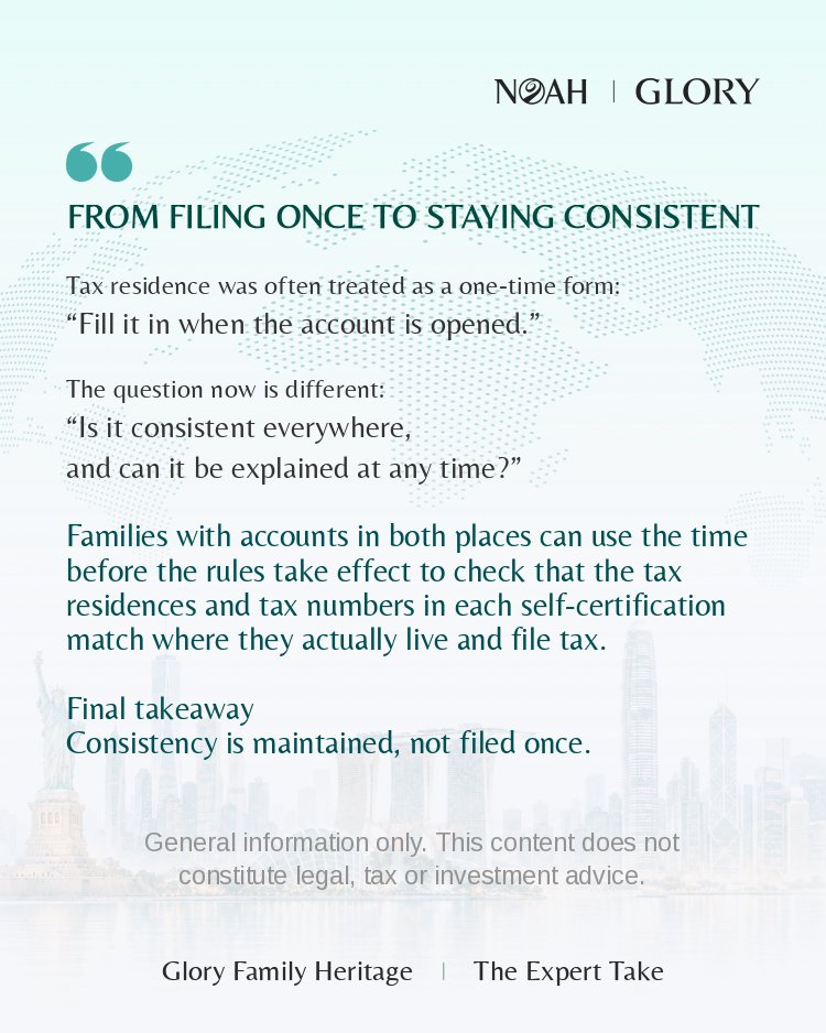GloryFH_Global's tweet photo. From 2027, as #HongKong and #Singapore tighten #CRS, cross-border families' tax residence increasingly needs to be consistent and clear.  
Under Singapore's amended CRS, institutions will report all tax residences and TINs.

Both rules start 1 Jan 2027; not yet in force. General information only; not an offer, solicitation, or investment or tax advice. Services are provided only where the relevant Glory entities are licensed, under local laws. 
Source: https://t.co/NkIbgbUuNb

#HongKong #Singapore #CRS