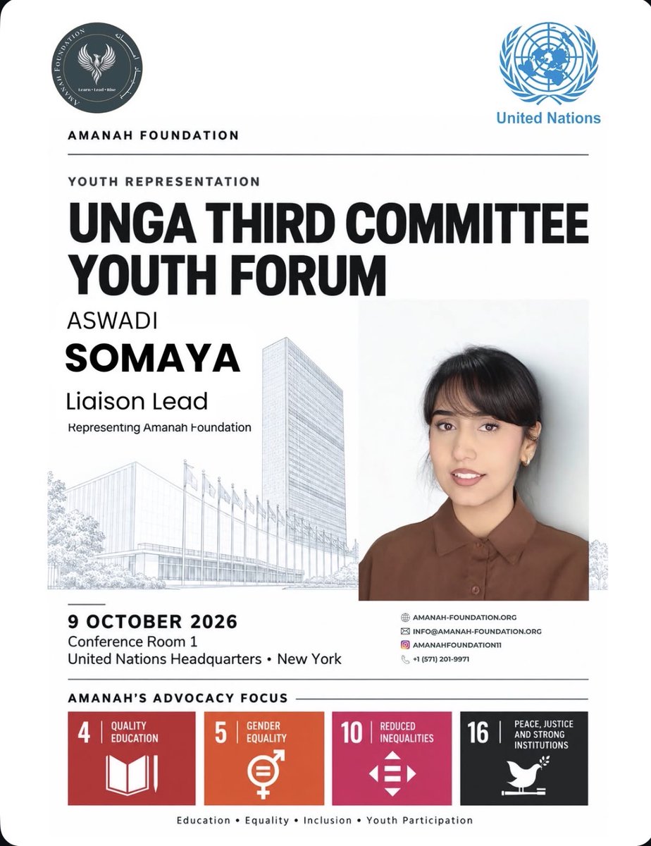 AmanahFoundatio's tweet photo. Somaya Aswadi will represent Amanah Foundation at the
UNGA Third Committee Youth Forum. #unga #afghanyought #amanah #LeadershipDevelopment https://t.co/J3QZZddJsk