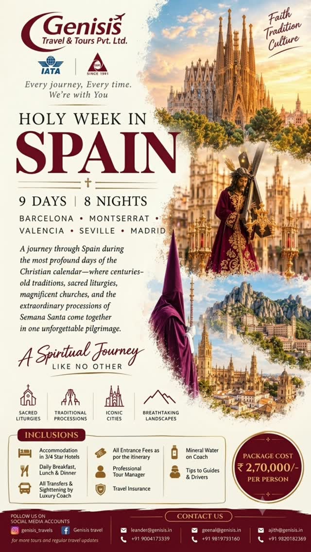 MtutukTutuk's tweet photo. Experience Spain’s beauty, faith, and history during Semana Santa. Exclusive Holy Week tour with limited seats. Package: 9 Days/8 Nights. Starting at ₹2, 83, 000 per person. Comment Holyweek for the full itinerary. https://t.co/Qvzw1tc7gi