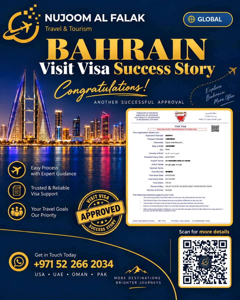 hurleyrobertson's tweet photo. Another Bahrain Visit Visa approved. Congratulations to our valued client. Nujoom Al Falak Travel &amp; Tourism offers professional visa guidance, application support, and reliable service for tourism or family travel. Contact our team today: 0305 137 https://t.co/0C2DQITglS