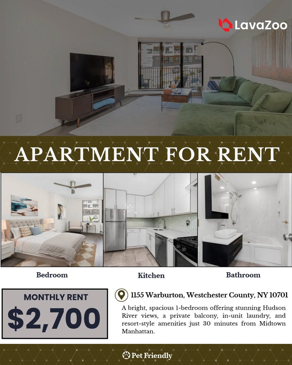 lavazooRE's tweet photo. 🌊 Riverfront living just got a whole lot better.

Wake up to breathtaking Hudson River views from your own private balcony, steps away from one of Westchester's most well-appointed buildings. 🏙️✨

Features:
🛁 Updated kitchen & renovated modern bathroom
🧺 In-unit washer & dryer
🏊 Brand-new heated outdoor pool & sundeck
💪 24-hour fitness center and sauna
🚗 One assigned indoor garage parking — included

And the location? Unmatched. A 5-minute walk to Greystone Metro-North puts you in Midtown Manhattan in just 30 minutes!

👉 Click the link in our bio to connect directly with the listing agent on LavaZoo
Are you the listing agent? Claim your listing!

#newyorkrealestate #realestate #ApartmentForRent #WestchesterNY
#nycrealestate