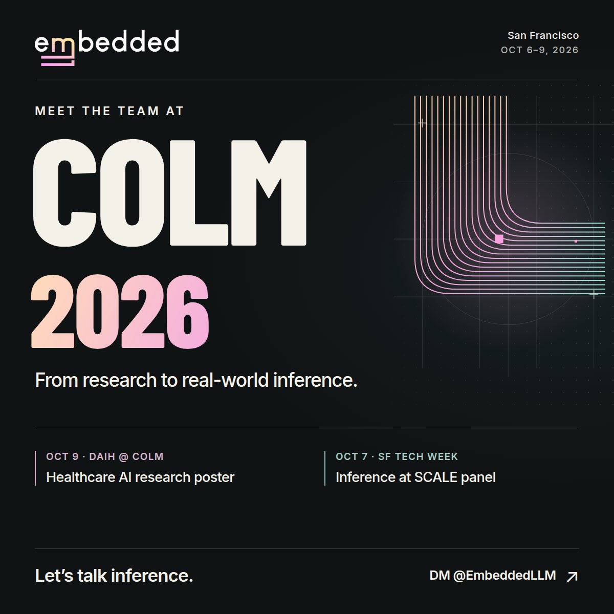EmbeddedLLM's tweet photo. Meet us at #COLM2026 in San Francisco.
Oct 9 at DAIH: our research on deploying clinical AI where the data lives across Nvidia and AMD GPU, with energy and cost in view.

Building models or putting them into production? Come say Hi! @manpree59181175
DM us to meet. https://t.co/Gnz6VCwrFq