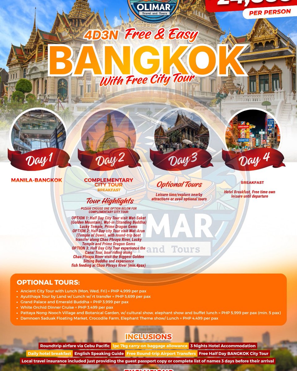 MuratSNAN's tweet photo. 4D3N Bangkok Free &amp; Easy from ₱24, 888/pax. Includes roundtrip airfare, 3 nights hotel, breakfast, airport transfers, city tour, guide, and travel insurance. Travel dates: Nov. 19–22 or Dec. 11–14, 2026. Message us for details. https://t.co/96NRSHzR0L