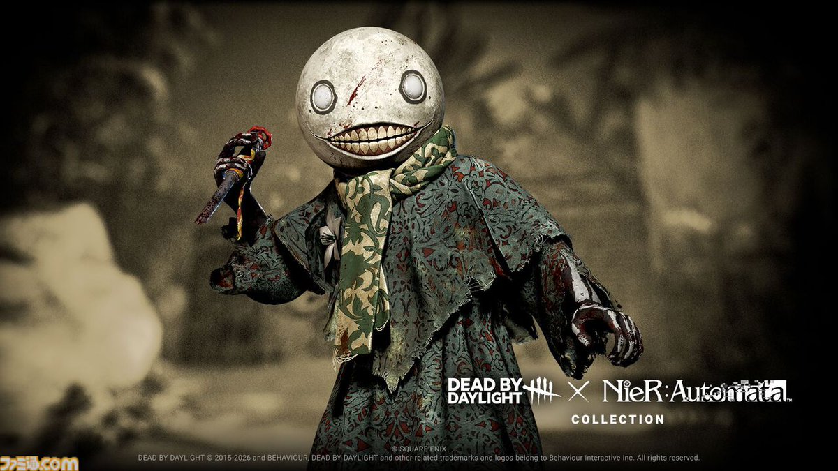 famitsu's tweet photo. 『ニーア オートマタ』×『DbD』コラボ。かなり凶悪そうなエミールがキラー（リージョン）として登場
https://t.co/GxfZmOHUo3

2B（フェン・ミン）、A2（木村結衣）などコラボスキンがゲーム内ストアにて発売中。専用のBGMやセリフ、HUDのアイコン、待機モーションも用意された豪華な仕様に。 https://t.co/dyOu8j6Dug