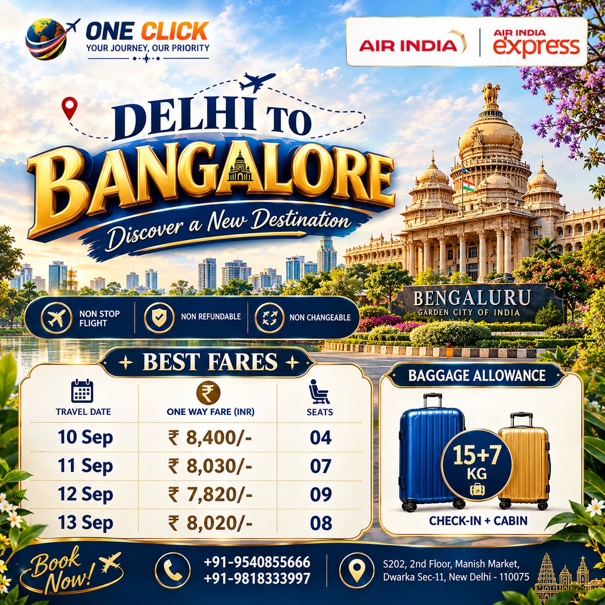 DeepRadi's tweet photo. Fly from Delhi to Bengaluru with attractive one-way fares on Air India and Air India Express. Explore the Garden City’s vibrant culture, gardens, tech scene, and incredible food. Call or WhatsApp: +91-9540855666 | +91-9818333997 https://t.co/QK8iAael3K