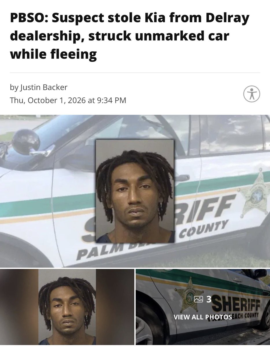 Pbcupnext's tweet photo. PBSO says a man stole a Kia Carnival from Delray Kia, got tracked to a Publix, then hit an unmarked police car trying to escape. Bro risked his freedom for third row seating just to leave Publix with 3 charges, no groceries and no Kia. Generationally terrible errands. https://t.co/dLN51EOmNp