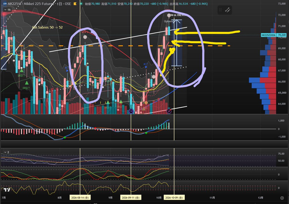 u2trade's tweet photo. 日経先物　日足　アルゴは恐れを知らない。淡々と与えられた条件に基づいて動く。前回と何が違ってどのように違う動きをすべきか、何かのきっかけがあればまた変わるんだろう https://t.co/e8LxjSs2rg