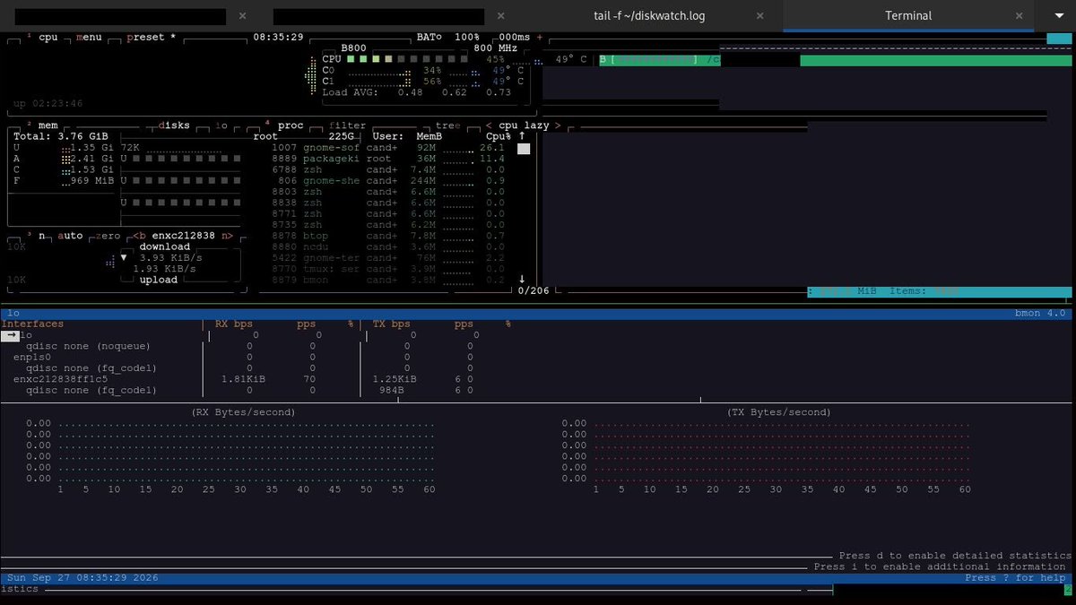 candypopppssss's tweet photo. I automated my entire  linux terminal on my debian box with 2 scripts . Saved alot of time doing this 😊  a live system dashboard using - btop,ncdu,bmon in tmux .A disk cleanup watchdog for every 10 mins via cron. https://t.co/VpEUY38y5c