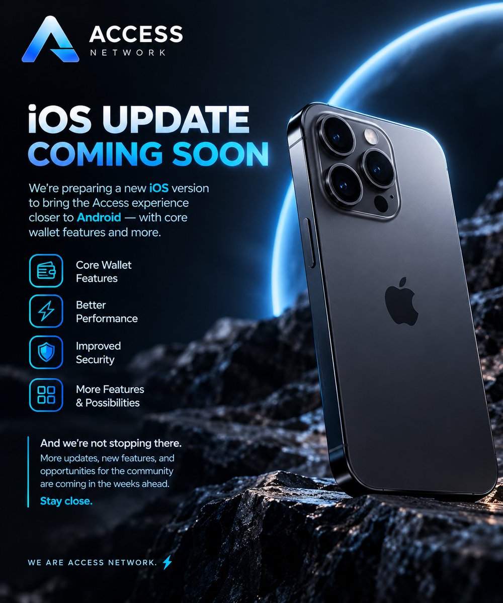 Access_Chain's tweet photo. To our Access Network community 🧵

iOS users — your next update is getting closer. ⚡

We’re preparing a new iOS version to bring the experience much closer to Android, including core wallet features and more.

And we’re not stopping there.

During the coming weeks, we’ll also introduce new ways for the community to participate and benefit from being early.

Some surprises will be reserved for those who are already here. 👀

No promises we can’t keep.
Just real features, real development, and more coming to Access.

Stay close. ⚡

The chain is alive.
The community is real.

WE are Access Network.