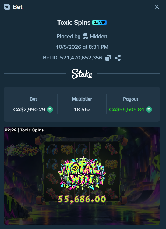 degen_lab's tweet photo. Someone just hit CA$55,505 on Toxic Spins 🤯

▫️ CA$3,000 bet → CA$55,000 payout

RT + drop your @Stake username below 👇 https://t.co/r3DxLYesrH