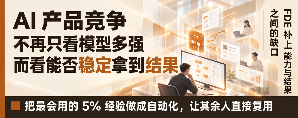 wangxuan069's tweet photo. AI 产品的竞争，正在从「模型有多强」转向「用户能否稳定拿到结果」。

同一个 Agent，高手和普通员工的产出天差地别。企业要让最会用的 5% 把经验做成自动化，交给其余人直接复用。

这就是 FDE 要补的缺口。模型提供能力，服务把能力变成业务结果。 https://t.co/nZxFaBzU0p
