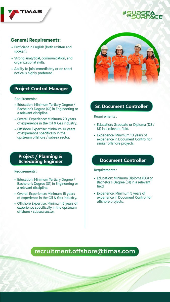 timas_id's tweet photo. 🚨 We’re Hiring!
PT Timas Suplindo is looking for:
• Project Control Manager
• Project / Planning & Scheduling Engineer
• Sr. Document Controller
• Document Controller
📧 recruitment.offshore@timas.com
#Hiring #OffshoreJobs #TIMAS https://t.co/W07xbMHxqm