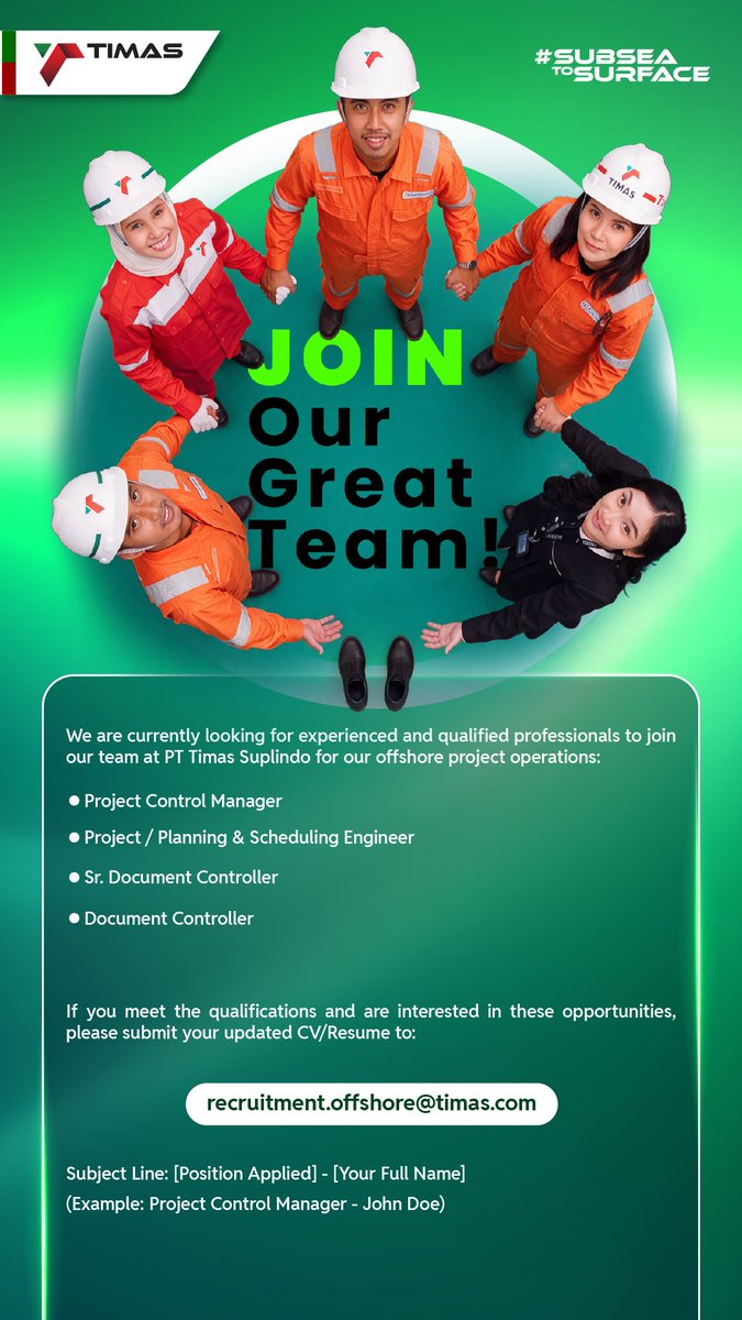 timas_id's tweet photo. 🚨 We’re Hiring!
PT Timas Suplindo is looking for:
• Project Control Manager
• Project / Planning & Scheduling Engineer
• Sr. Document Controller
• Document Controller
📧 recruitment.offshore@timas.com
#Hiring #OffshoreJobs #TIMAS https://t.co/W07xbMHxqm