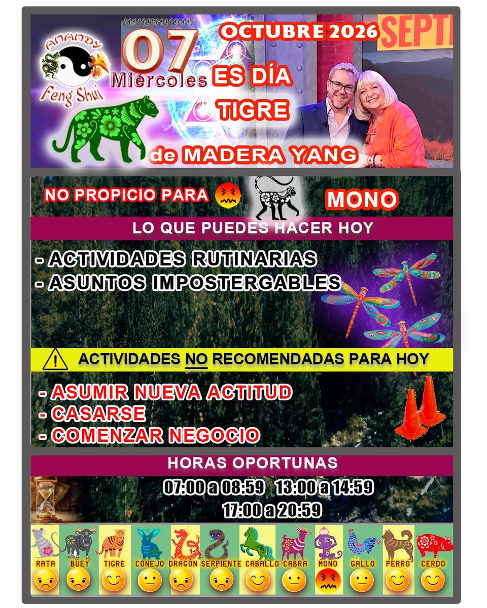 AnandyFeng's tweet photo. *MIÉRCOLES 7 DE OCTUBRE 2026* Sólo recomendable para actividades de rutina  y aquellas importantes que no se puedan postergar. *NO* intentes cambiar de actitud, tampoco agendes tu boda este día ni comiences nuevos negocios. *MONO* debes estar alerta. Con amor Anandy🙏🏻🌹🥰 https://t.co/BCxB3oaxSK