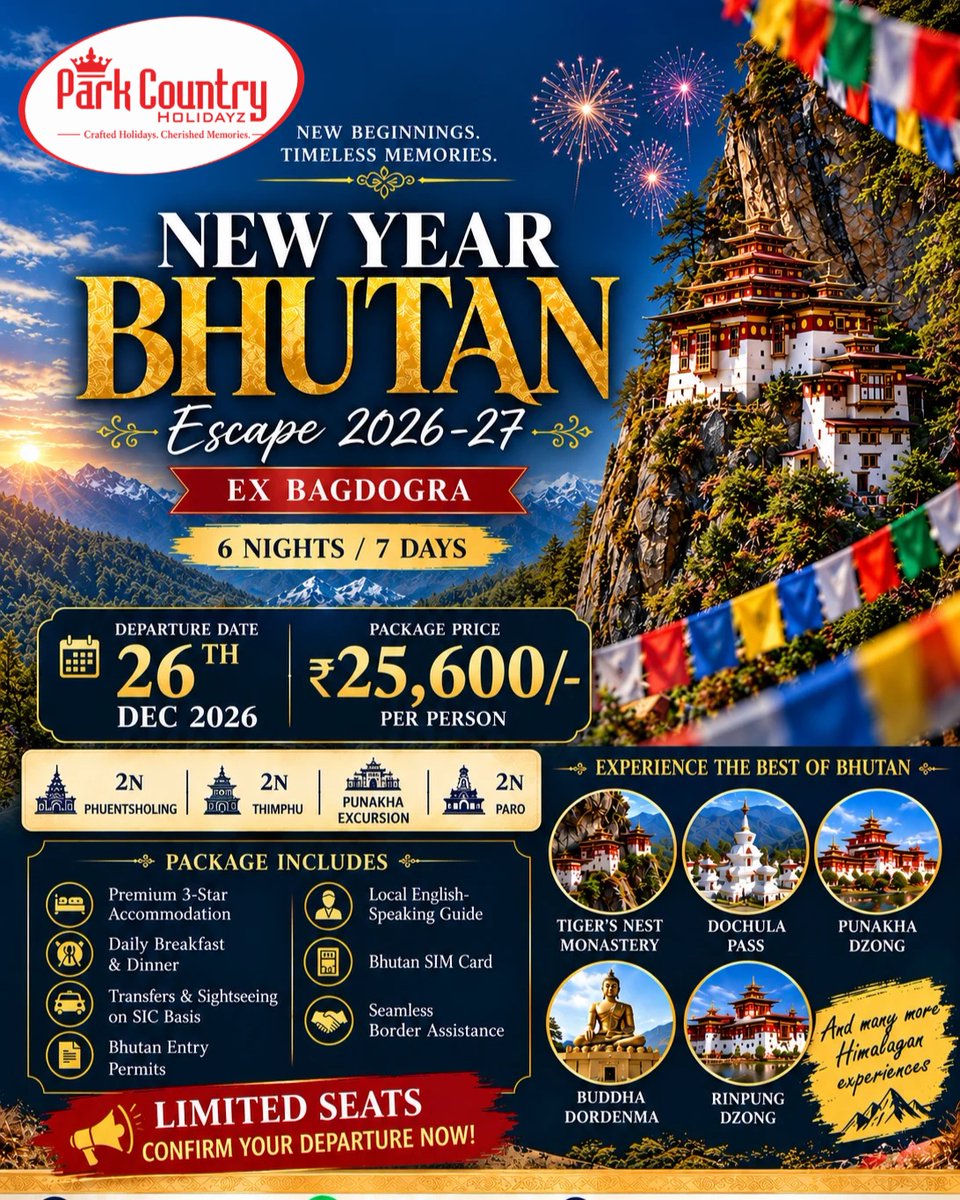 Pirotlu44gmail1's tweet photo. Welcome 2027 in Bhutan! Experience Himalayan landscapes, monasteries and iconic sights on a 6N/7D escape from Bagdogra, departing 26 December 2026. Includes stays, meals, transfers, permits, guide and more. Limited seats available. https://t.co/KVuvnLK5Wr