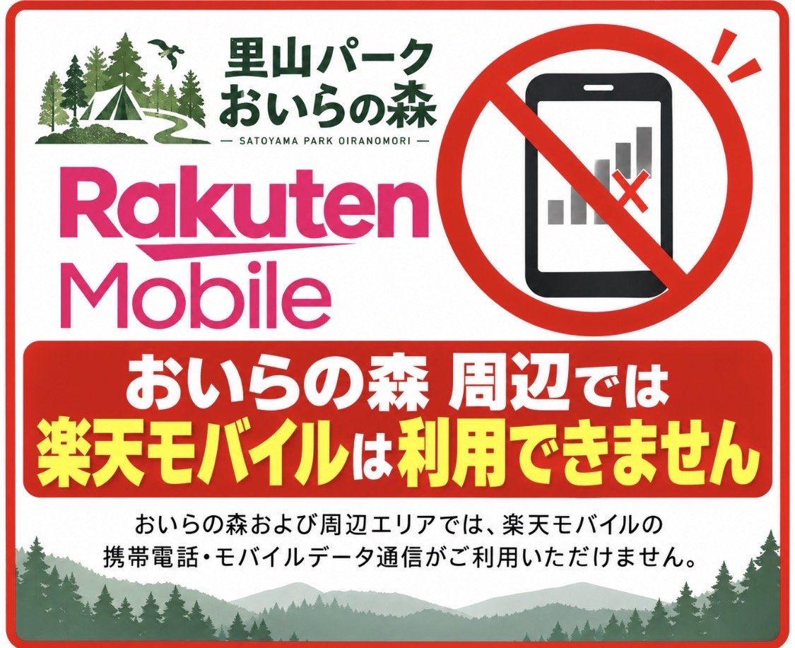Oiranomori's tweet photo. 【楽天モバイルご利用の方へ】10月よりAUローミング縮小の影響で、おいらの森周辺では楽天回線がご利用いただけない状態です。復旧時期は未定。場内の無料Wi-FiでLINE通話等をご活用ください📶 #おいらの森 #那須烏山 https://t.co/Lw9Yl51Rmv