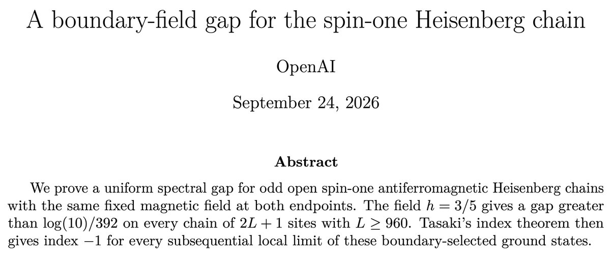 Hal_Tasaki's tweet photo. Ten years ago, my AKLT and KT papers were suddenly in the spotlight after Haldane’s Nobel Prize. Today, my lesser-known 2018 and 2025 papers seem to be getting some attention --- ironically, because a new OpenAI model solved a problem I had long wanted to tackle. https://t.co/c4Rlml3yZa