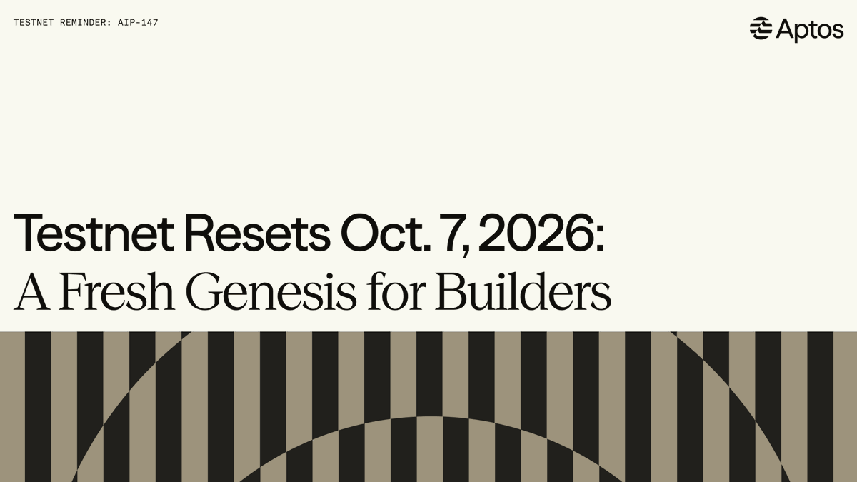 Aptos's tweet photo. Heads up, builders: Aptos Testnet resets tomorrow, Oct. 7.

Testnet has processed 10B+ transactions, more than Mainnet. Under AIP-147, it now resets to a fresh genesis as needed, no more than once every six months, and always with at least a month's notice.

Mainnet is unaffected. What builders need to know from @AptosLabs: