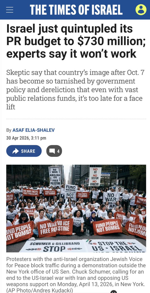 IsraelDidOct7's tweet photo. @JordanM10724168 @DerWulf They are using same subversive tactics likes j/ws 
Are they getting paid?

Israel just quintupled its PR budget to $730 million; experts say it won’t work

https://t.co/fBEkw13mPY https://t.co/gru3slFoXQ