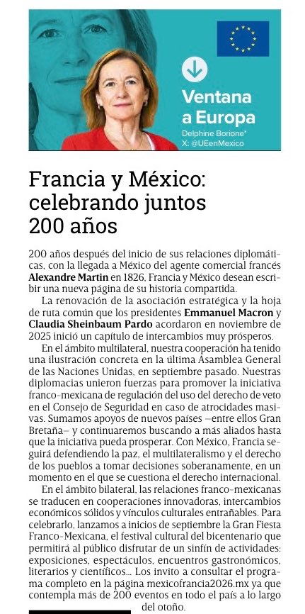 UEenMexico's tweet photo. 🗞️ La Embajadora de @FranciaenMexico, @DBorione, fue la invitada de nuestro espacio #VentanaAEuropa en @Excelsior.

📰 Lee su columna sobre los 200 años de relaciones diplomáticas entre 🇫🇷 y 🇲🇽 y el amplio programa de la Gran Fiesta Franco-Mexicana.
🔗 https://t.co/prIqtf8M4a https://t.co/livUzBx7Av