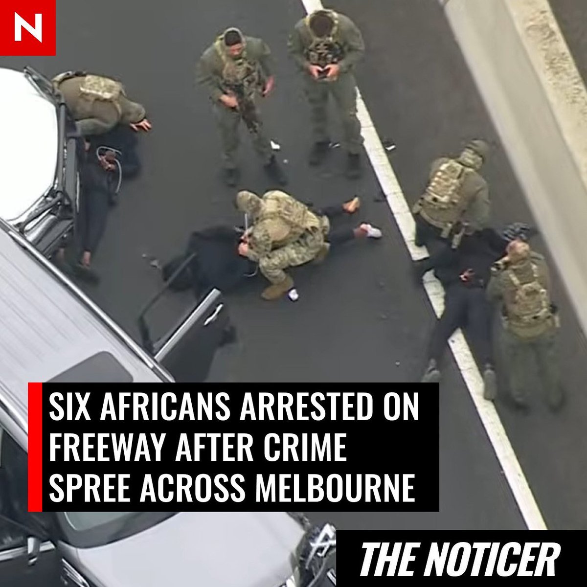 NoticerNews's tweet photo. Five Africans have been charged after a dramatic arrest by heavily armed tactical police on a Melbourne freeway after an alleged crime spree across the city. Two were on bail.

A sixth suspect in hospital with a brain injury sustained during the arrest. https://t.co/MzQpOmzOZP