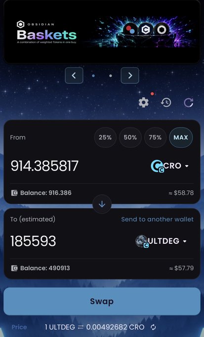 A screenshot of a cryptocurrency swap interface on the Obsidian Baskets platform, showing an exchange from 914.385817 CRO (≈$58.78) to 185593 ULTDEG (≈$57.79).