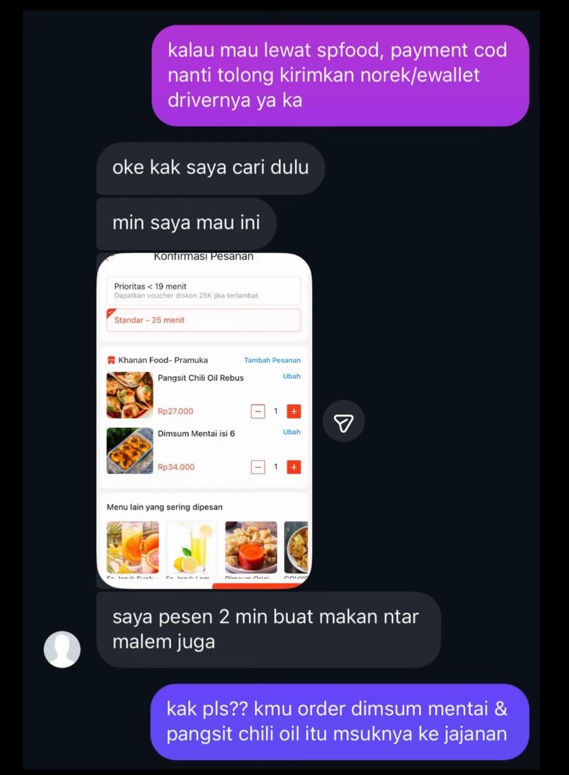 itszweedy's tweet photo. Uang bulanan dari ortu belum turun dan chat ke nasi darurat, tapi yang mau di co malah PANGSIT CHILI OIL sama DIMSUM MENTAI 😭😭😭

Dan dia bilang nganggep itu makanan berat bukan jajanan. Namanya nasi darurat ya yang dipesen itu nasi, kecuali adminnya minta suruh beli sembako. Kok ada ya orang yang pd banget kaya gini, ini mah lagi BM tapi ga punya duit, Salwa Salwa😭