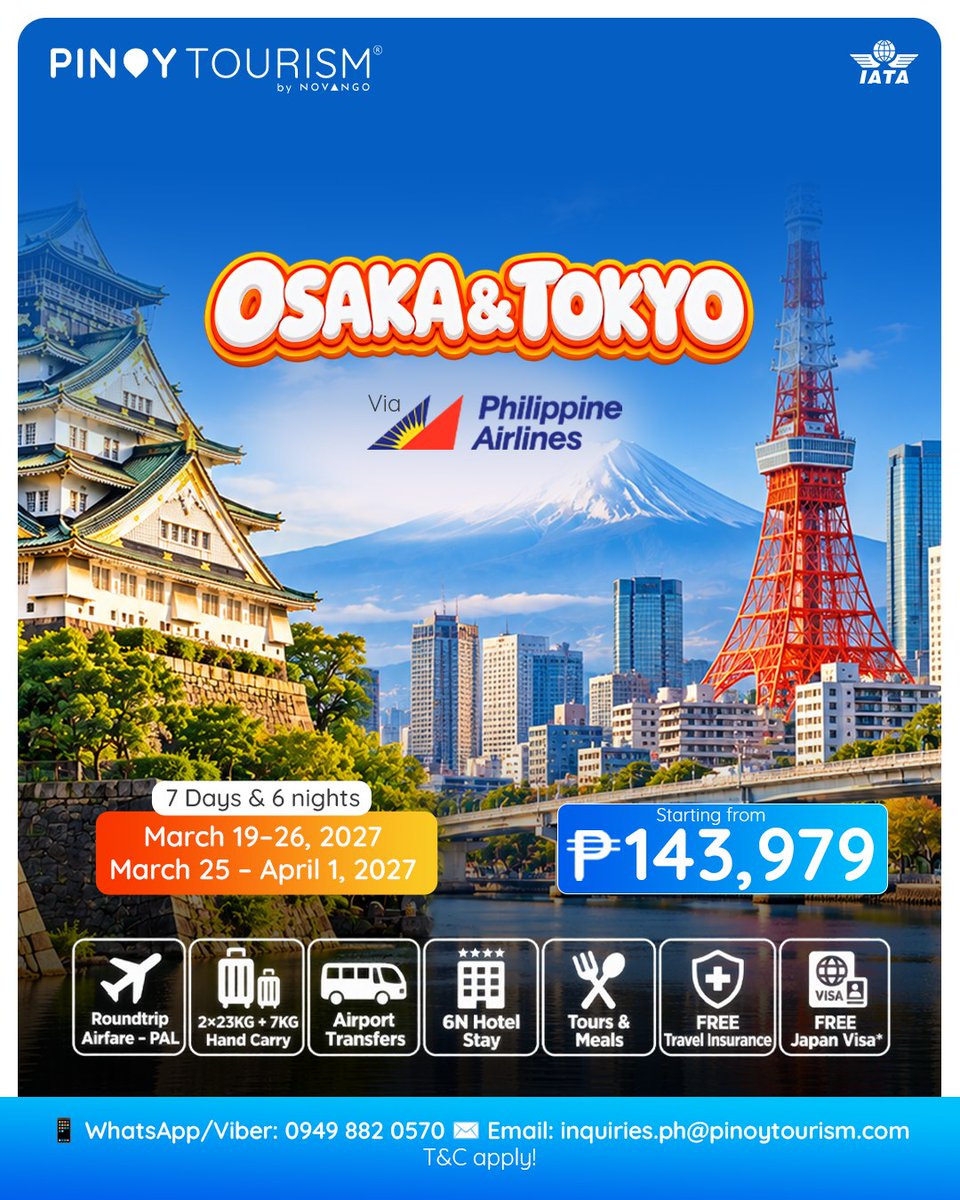 sonykunnel's tweet photo. Spring Fling Osaka &amp; Tokyo 7D6N

Experience Japan’s cherry blossom season with tours, meals, 6 nights’ accommodation, roundtrip airfare, transfers, baggage allowance, travel insurance, and guaranteed visa for eligible applicants. Travel dates: https://t.co/ZKQGjUnDDD