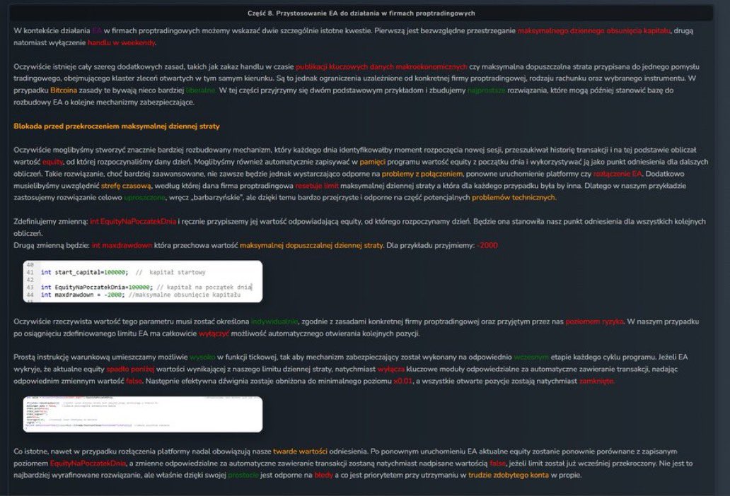 Master_mindZXX's tweet photo. #trading #bitcoin #daytrading #algotrading #dzienniktradera #krypto #crypto          

 Na  stronę https://t.co/6lZWupAIdj… 
w dziale algotrading i semi-automatic wleciała:      

8 część z programowania EA. Przystosowanie EA do działania w firmach proptradingowych https://t.co/2H4J6t3cRk