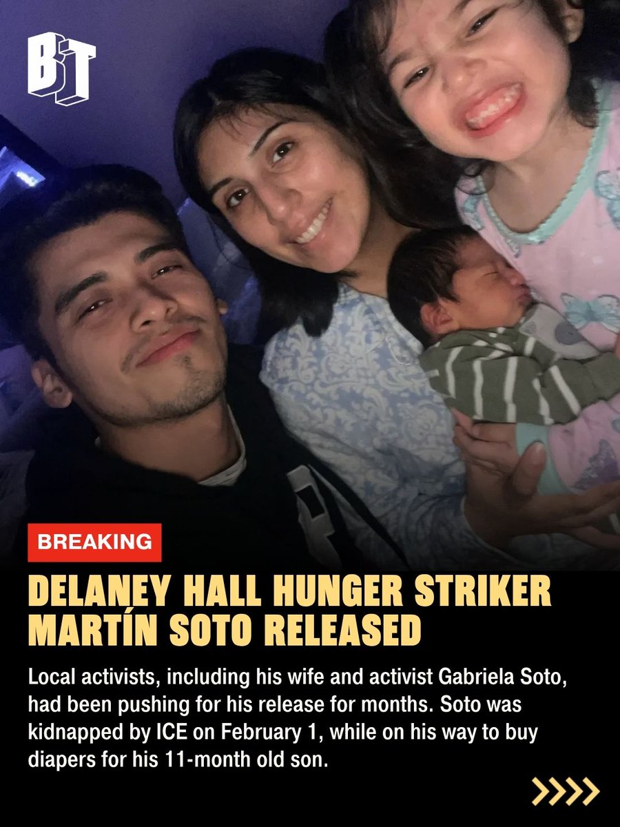 BTnewsroom's tweet photo. #BREAKING | After nine months in ICE detention, including four in solitary confinement, Martín Soto has finally been released.

Soto's case had made national headlines after he helped lead a hunger and labor strike at Delaney Hall over the center's inhumane conditions. Soto's wife, Gabriela had helped organize solidarity protests outside Delaney Hall for weeks, demanding better conditions and the release of detainees.