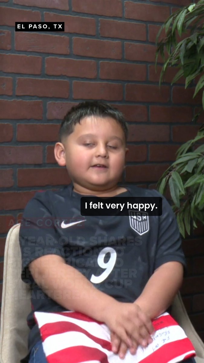 A young boy wearing a USA soccer jersey with the number 9 sits in front of a brick wall, with text reading 'EL PASO, TX', '9-YEAR-OLD SHARES HIS REACTION', and a caption 'I felt very happy.'