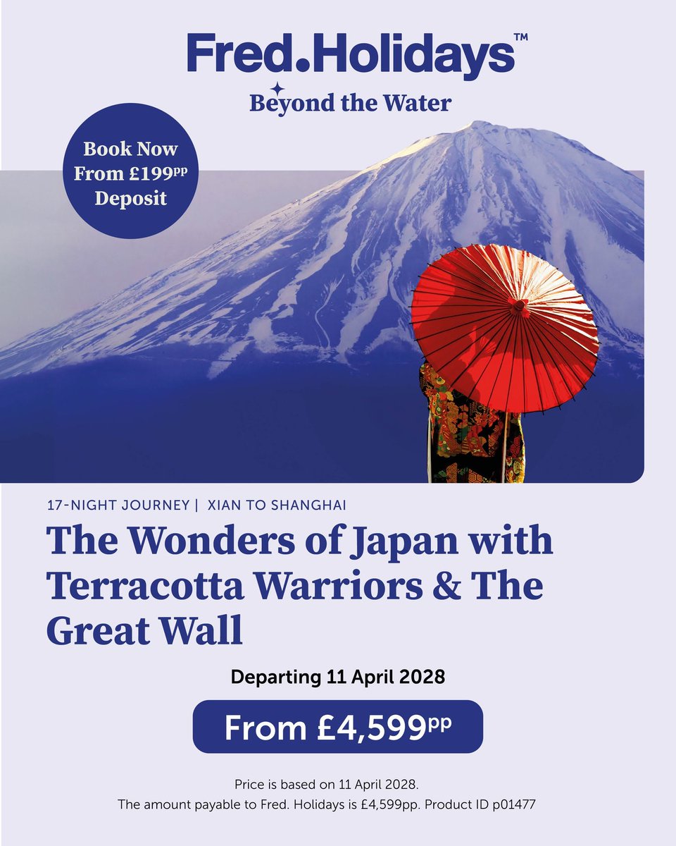 jesrafbrac's tweet photo. Wonders of Japan with China’s Terracotta Warriors and Great Wall. Departing 11 April 2028 from London. 17 nights from £4, 599pp, including Wendy Wu tour, Shanghai, and an 8-night Spectrum of the Seas cruise to Kobe, Mt Fuji and Tokyo. https://t.co/MjS7S7kv6q