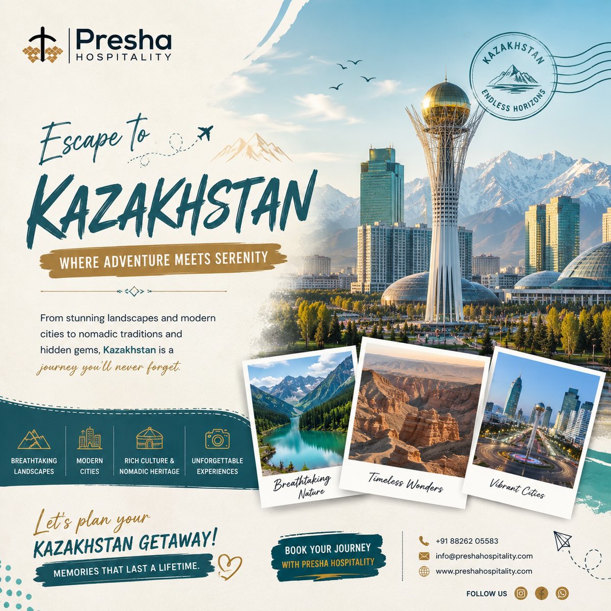 rafaelrobles14's tweet photo. Discover Kazakhstan, where futuristic cities meet dramatic mountains, vast landscapes, rich nomadic culture, and unforgettable adventures. Let Presha Hospitality take you beyond the ordinary. https://t.co/TcsdSZ8mVE