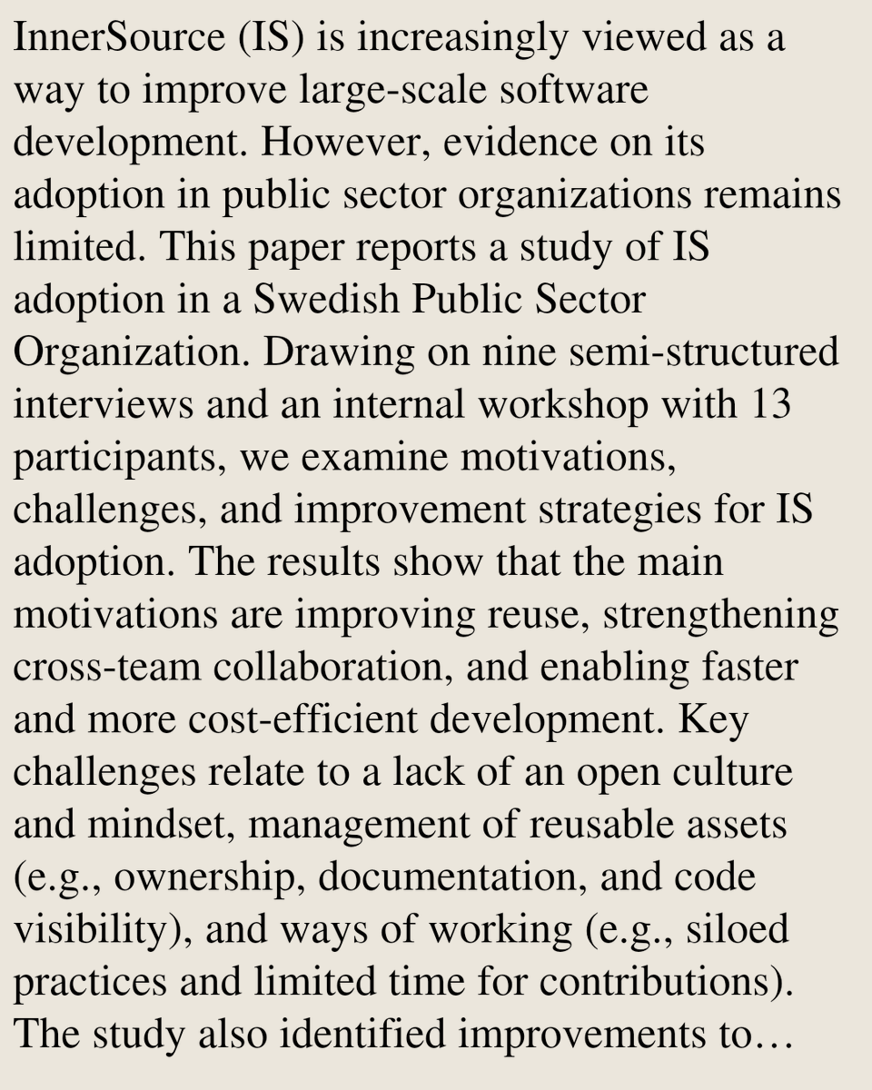 ComputerPapers's tweet photo. Adopting InnerSource in a Public Sector Organization: A Case Study

Muhammad Usman, Johan Linåker, Deepika Badampudi, Hannes Salin
https://t.co/3TaokQRz3d [𝚌𝚜.𝚂𝙴] https://t.co/0hoDfDtd4O