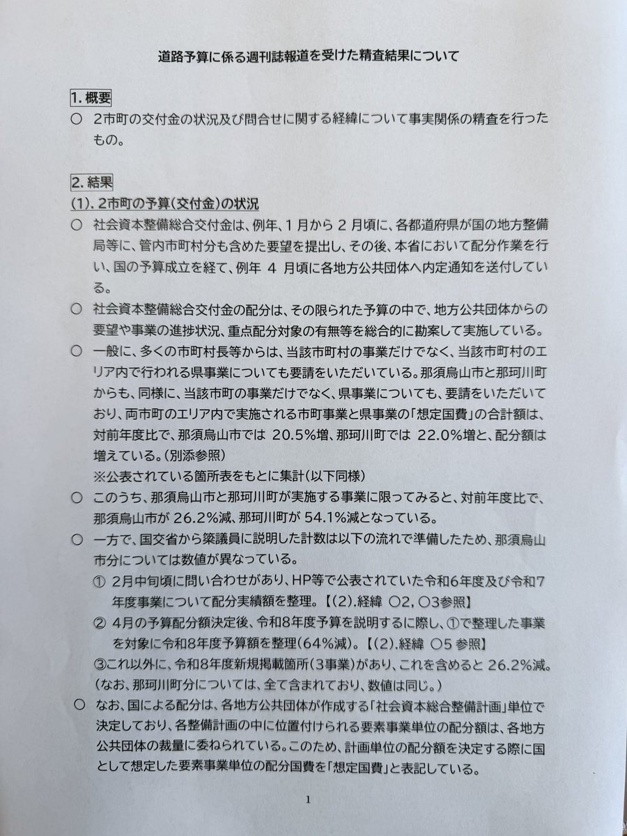 renho_sha's tweet photo. 昨日、国交省が会見で説明した資料です。

簗大臣からの問い合わせを認めた上で「説明した」とありますが、大臣の選挙区内で前年比5割以上増えた自治体と5割以上減った自治体の予算増減理由については言及がありません。

参議院の国土交通委員会筆頭理事として看過できないので説明を求めています。 https://t.co/ir0UMyFgyJ