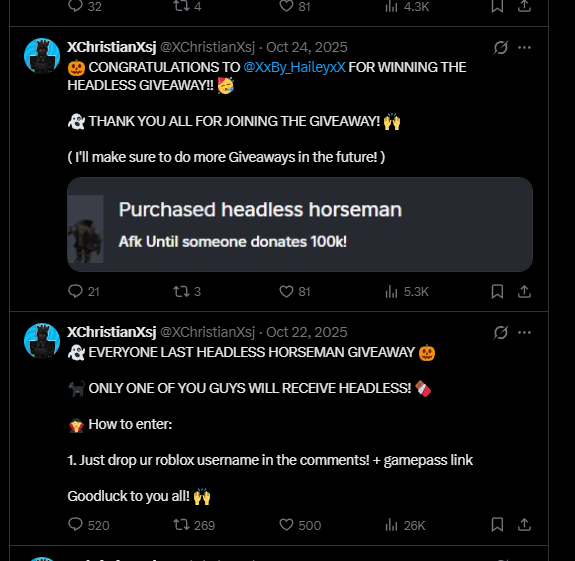 RealHeadlessGiv's tweet photo. Yes, this is a real giveaway. 

He has hosted giveaways before and actually announced winners. (He is better known for the amount of Robux he has donated in Pls Donate!)

I can verify that one of their previous winners actually has a headless.
https://t.co/T7a2hINNaV https://t.co/cttBZPNP0y