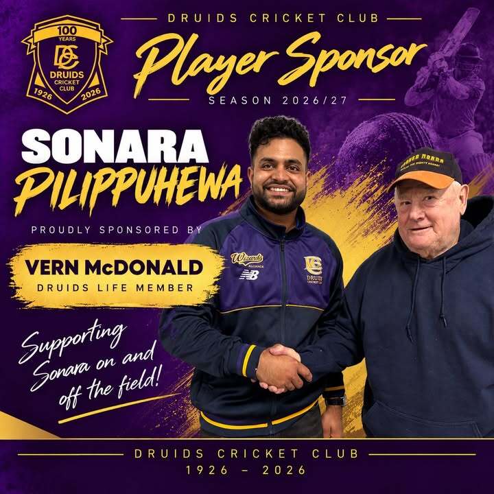 DruidsCC's tweet photo. 💜💛 BACKING A WIZARD!

A special one for our Centenary season, with Druids Life Member Vern McDonald proudly sponsoring our 1st XI wicket-keeper batter Sonara Pilippuhewa for season 2026/27

Two generations of Wizards. One great club 🏏🧙‍♂️

#Druids100 #PlayerSponsor #BackAWizard https://t.co/qdH0xEoIRM