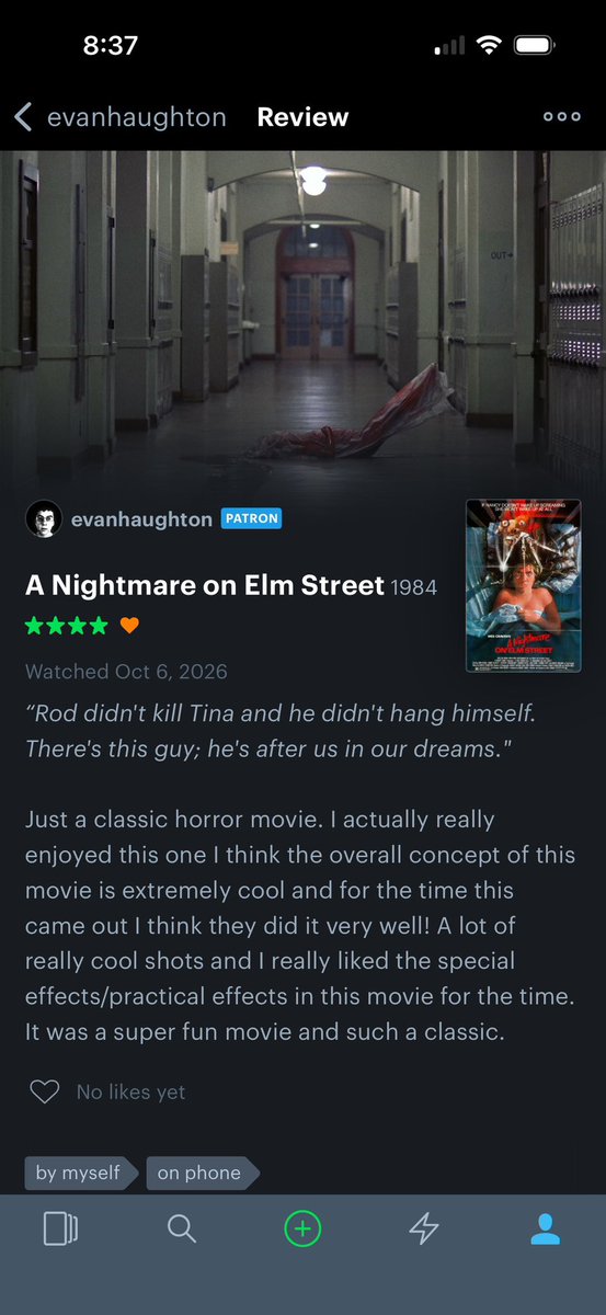 filmbevs's tweet photo. watched A Nightmare on Elm Street for the first time and I gotta say I really enjoyed it. It’s a fun classic horror movie, i’ve always kind of been pushed back on watching classics for some reason but after this watch, I have a fun classic horror movie spree coming ahead. https://t.co/kG5s0i11Lt