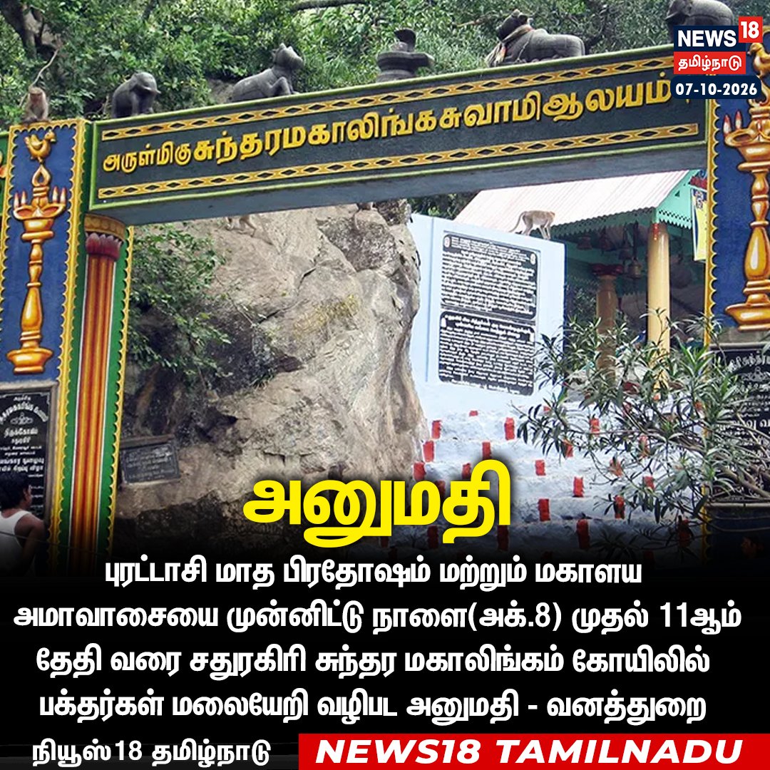 News18TamilNadu's tweet photo. #JUSTIN புரட்டாசி மாத பிரதோஷம் மற்றும் மகாளய அமாவாசையை முன்னிட்டு நாளை முதல் 11 ஆம் தேதி வரை சதுரகிரி கோயிலுக்கு செல்ல அனுமதி
#Sathuragiri #Temple #Allowed #News18Tamilnadu | https://t.co/rRJCTTegh9 https://t.co/ifEFLTyPQ1