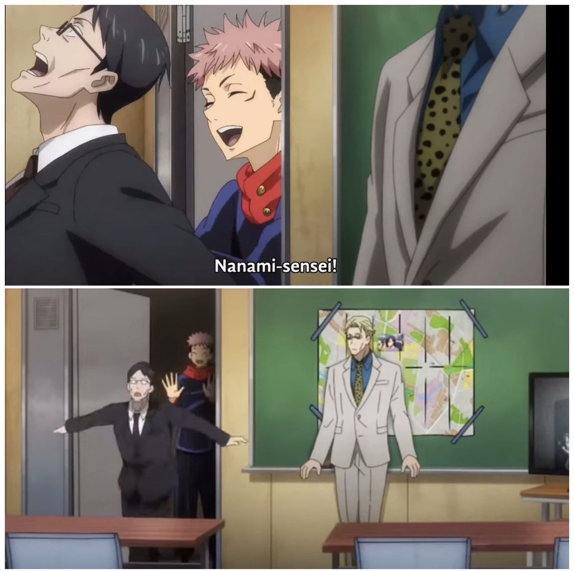 Nanamis_love's tweet photo. Look how happy Yuji is to push Ichiji out of the way just so he can wish Nanami luck! Just shoved him away😭 https://t.co/6htwyHlfNJ