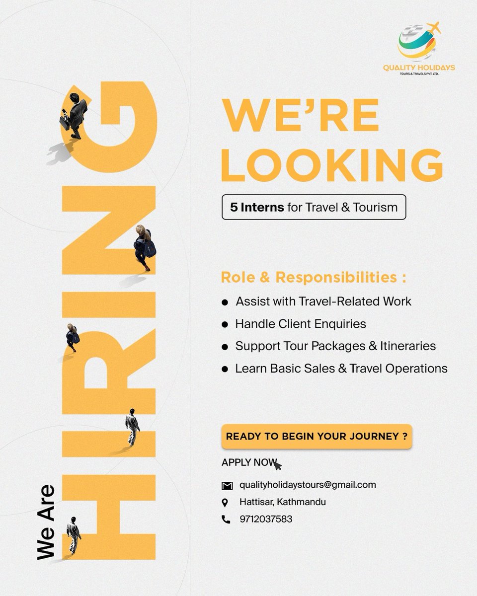 hemasha's tweet photo. Launch your travel &amp; tourism career with Quality Holidays. We’re hiring 5 enthusiastic interns for hands-on experience in operations, client handling, tour packages, and sales. Apply now: qualityholidaystours@gmail. com https://t.co/ZrpbPQ9Jhi
