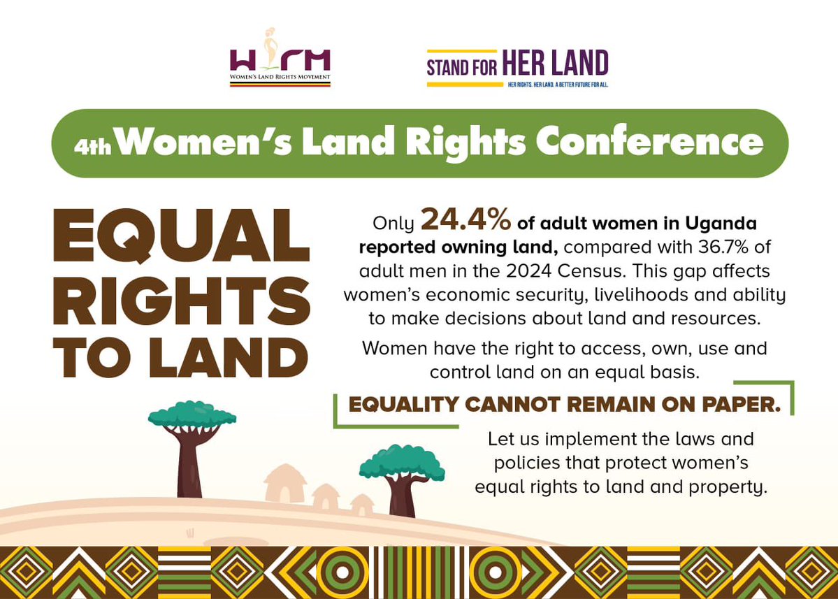 FRAUGANDA's tweet photo. 𝐋𝐚𝐧𝐝 𝐢𝐬 𝐩𝐨𝐰𝐞𝐫. 𝐋𝐚𝐧𝐝 𝐢𝐬 𝐬𝐞𝐜𝐮𝐫𝐢𝐭𝐲. 𝐋𝐚𝐧𝐝 𝐢𝐬 𝐚 𝐟𝐨𝐮𝐧𝐝𝐚𝐭𝐢𝐨𝐧 𝐟𝐨𝐫 𝐰𝐨𝐦𝐞𝐧’𝐬 𝐥𝐢𝐯𝐞𝐥𝐢𝐡𝐨𝐨𝐝𝐬 𝐚𝐧𝐝 𝐢𝐧𝐝𝐞𝐩𝐞𝐧𝐝𝐞𝐧𝐜𝐞.

So, what does equality mean when women still don’t have equal access to, ownership of, or control over land?

At the 4th Women’s Land Rights Conference, we are putting women’s land rights where they belong: at the centre of the conversation.

#WomensLandRights #EqualRightsToLand