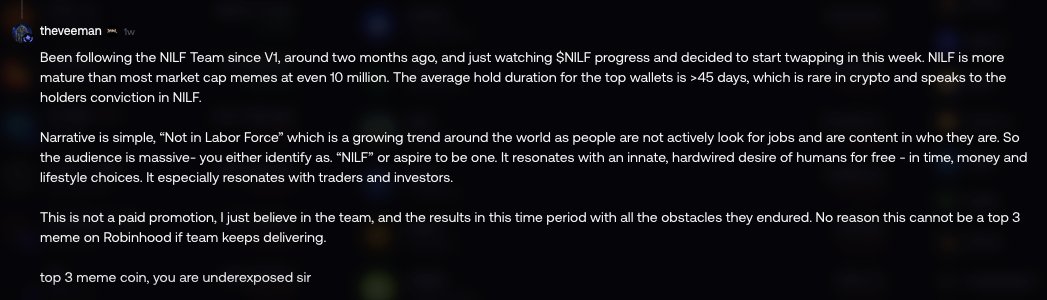 Mr_Creatorr's tweet photo. NILF on Robinhood chain , i have been holding this since v1 pons and stayed through v2 migration . This is easily one of the strong narratives i've found on Robinhood chain . CTO team is solid and transparent in every actions they take. Team is working their ass off non stop despite PA . The energy hasn't changed through green / red days . Two of the top 10 traders are already in who believes this will be one of the top 3 memes in Robinhood chain. Attaching Theveeman's thesis for your reference. You can dig more by joining their tg @nilfcoin https://t.co/hZiRR8DXQ8