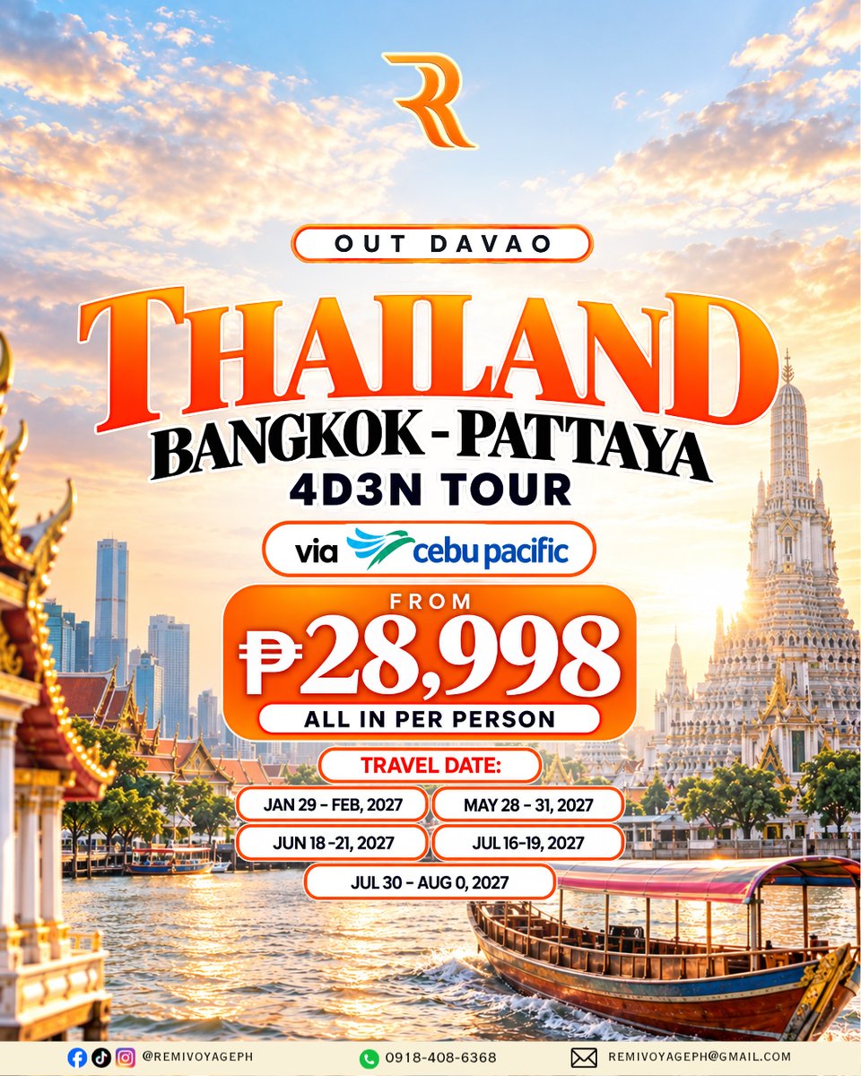 whatalaugh1's tweet photo. Davao to Thailand: 4D3N Bangkok-Pattaya Tour. Solo travelers, couples, and groups welcome. Explore Bangkok’s vibrant city life and Pattaya’s beaches. Limited slots available. Message us to reserve. https://t.co/Fahkp0j6e0