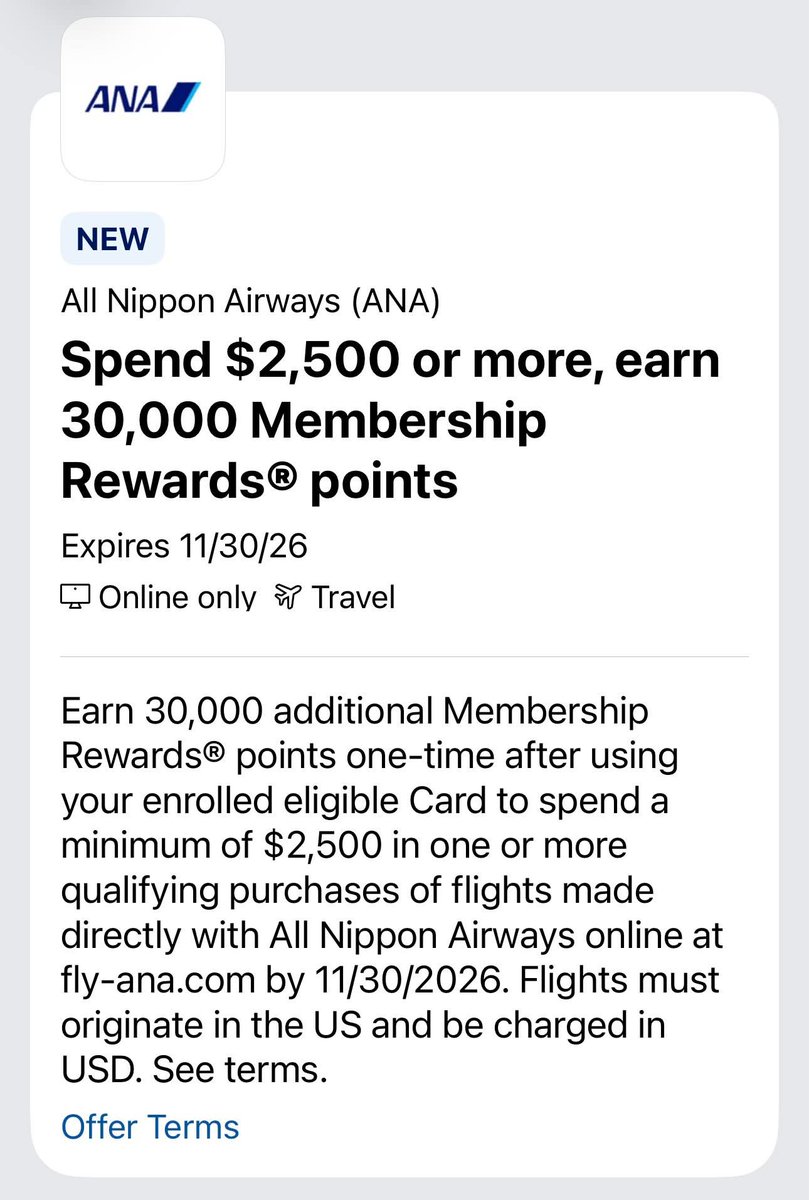 USCCStrategy's tweet photo. #AmexOffers: All Nippon Airways #ANA, Spend $2,500 or more, earn30,000 MembershipRewards@ points. Expires 11/30/26 
Activated by #CardPointers+: https://t.co/bztZjA1Yrg https://t.co/LUzyzbb5UT