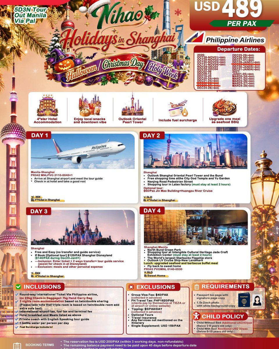 rafael_bpg's tweet photo. Nihao Holidays in Shanghai: your festive escape awaits. From Oriental Pearl Tower views to Disneyland thrills, enjoy Halloween-to-Christmas vibes. From USD 489/pax. Oct 2026-Mar 2027, 5D3N with Philippine Airlines. Book with Raijazz Travel. https://t.co/bdnlES4Jab